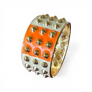 Studded Enamel Hinged Bangle Bracelet Orange Ivory Gold Tone Statement Punk